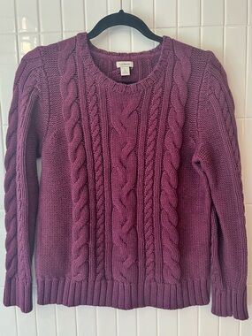 L.L.Bean Cable Knit Sweater Burgundy Wine 100% Cotton Crewneck Fall Womens L